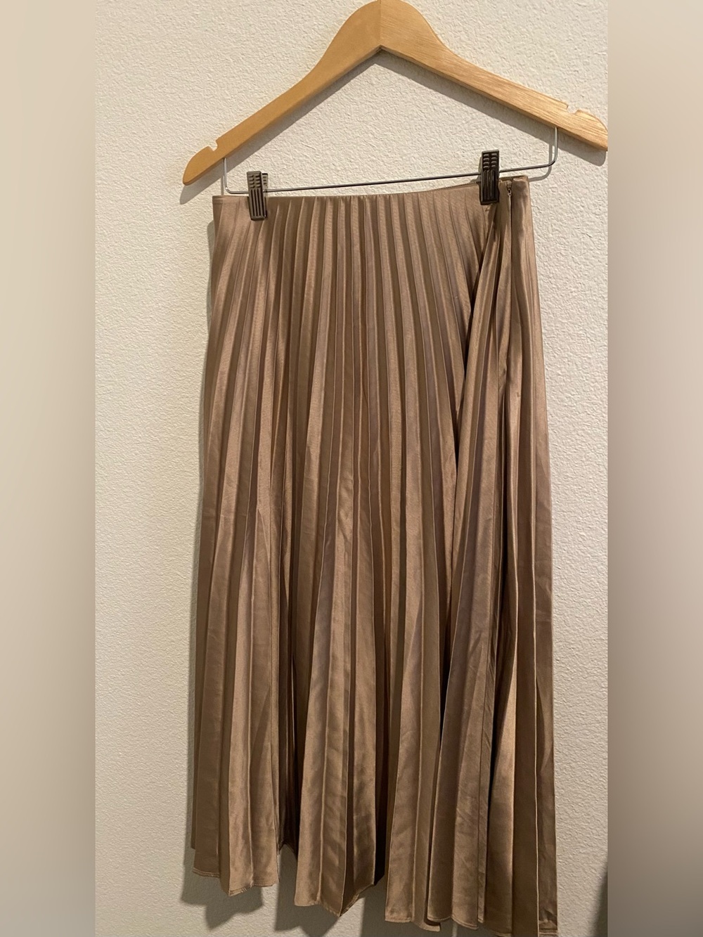 Zara Pleated Satin Midi Skirt in Taupe Beige